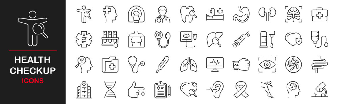 Health checkup icon set. Contains such icons as hospital, doctor, nurse, stethoscope, instruments, research, organs, tests, viruses, lung, liver, brain, eye, hearing, kidneys, stomach and more