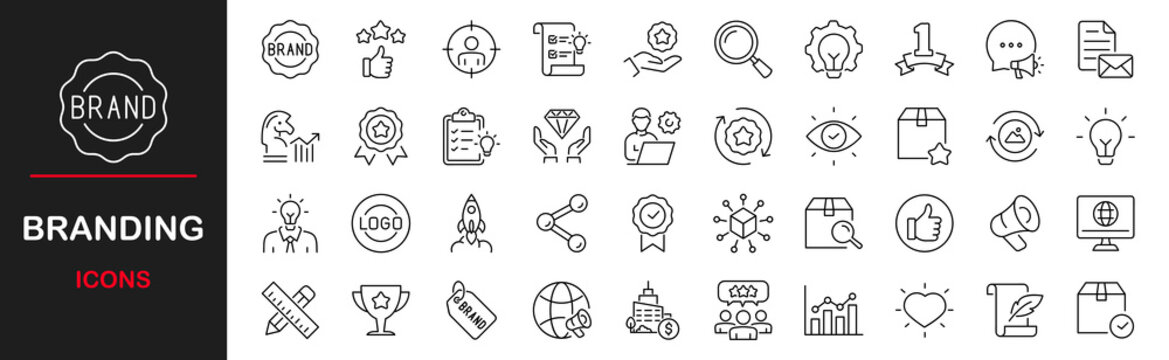 Branding icon set. Contains such icons as marketing, product, innovation, strategy, values, loyal customers, identity, brand value, design, logo, target audience, social media and more