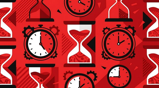 Red seamless pattern featuring clocks and hourglasses