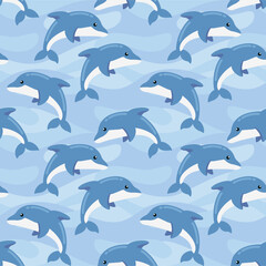Cute blue dolphin seamless pattern, funny marine animal vector background with wavy sea ocean backdrop for kids bedroom wallpaper design © Nathapong