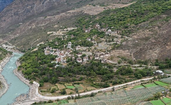 Aerial panorama of Suopo Ancient Watchtowers and Tibetan village in Danba, Sichuan, China