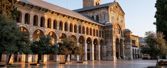 Naklejka premium a magnificent mosque features detailed arches and ornate Islamic design bathed in soft sunlight.
