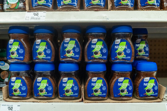 Villa de Alvarez, Colima. Mexico. June 17, 2026: Nescafe Decaf Instant Coffee Jars on Supermarket Shelf