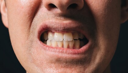 Fototapeta premium Close-up of a person's mouth showing yellowed, misaligned teeth and dry lips against a dark background.