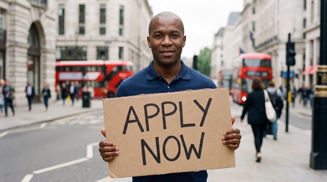 Confident middle-aged African man holding apply now cardboard sign on busy London city street