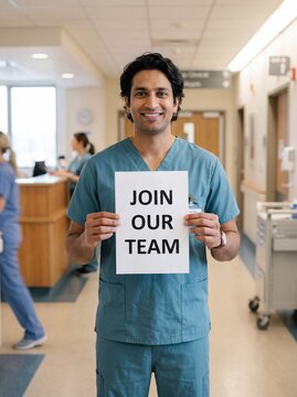 Smiling young South Asian male nurse holds a Join Our Team sign in a hospital corridor
