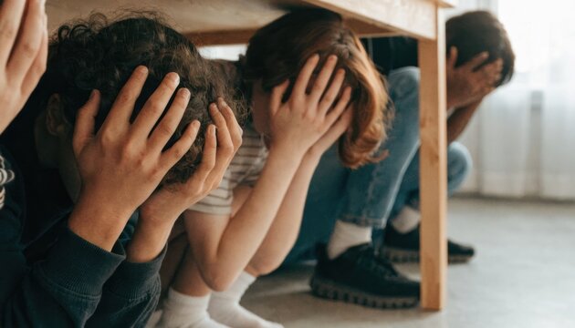 Three people crouch under a table with their heads in their hands, appearing distressed or fearful in a protective posture.