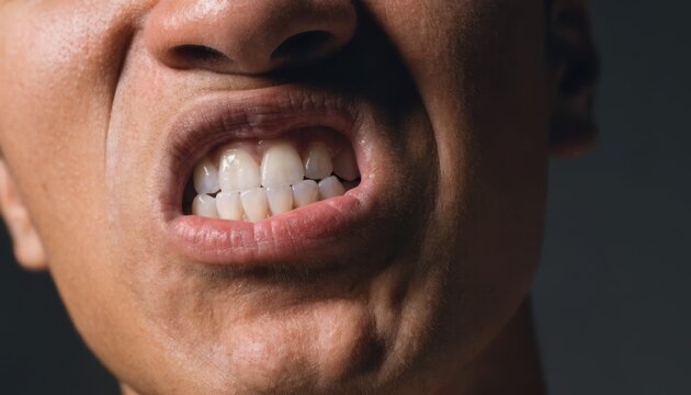 Close-up of a person clenching their teeth with a tense expression showing stress or anger.