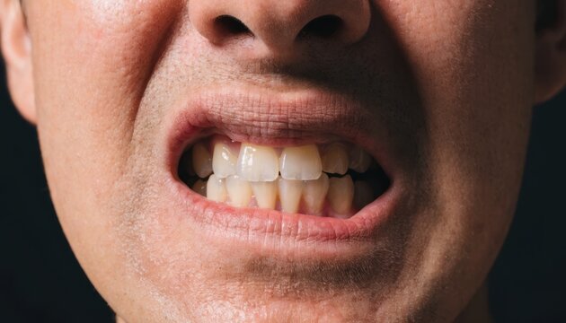 Close-up of a person's mouth showing yellowed, misaligned teeth and dry lips against a dark background.