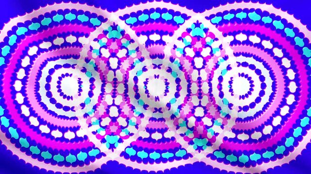 Hypnotic kaleidoscope mandala pattern in neon purple and blue rotating on a waving fabric texture background. Seamless loop.