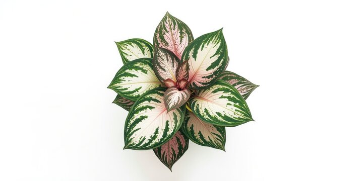Overhead view of artistic caladium plant showing white and pink foliage on plain white background