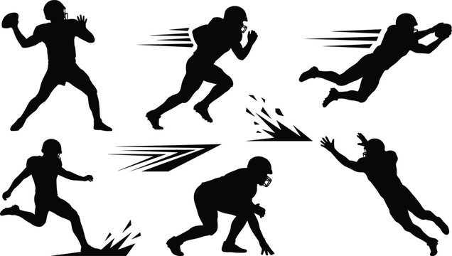 Dynamic American Football Player Silhouette Vector Set Featuring Quarterback Throwing, Running Back Sprinting, Catching, Kicking, and Tackling Action Poses