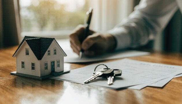A person signing a document next to a small house model and a set of keys on a wooden table, symbolizing real estate or home ownership agreements.