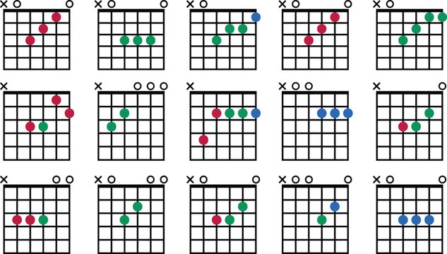 Guitar Chord Chart Diagram Vector Set with Minimalist Fretboard Icons and Colorful Fingering Positions for Music Education and Lesson Materials