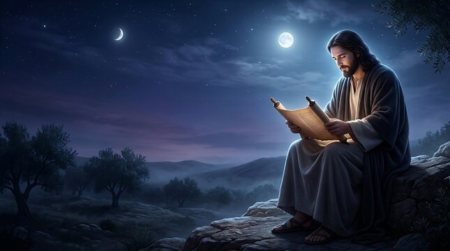 Man in robes reading an ancient scroll under the moonlight at night
