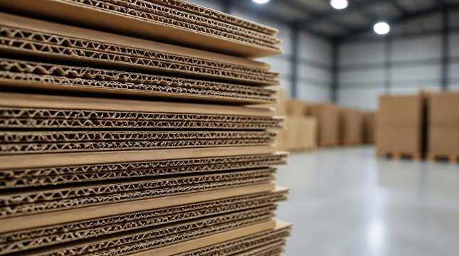 Stacked corrugated cardboard sheets in warehouse