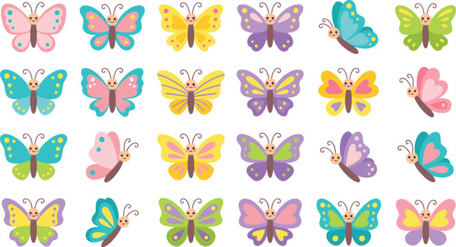 Colorful butterfly collection featuring cute decorative insects with vibrant wings and whimsical cartoon vector illustrations