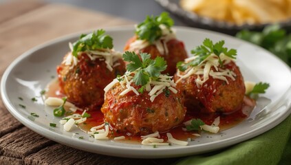 Fototapeta premium Meatballs garnished with cheese and herbs on a plate