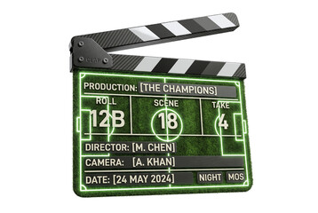 Fototapeta premium Movie clapperboard styled as a glowing neon soccer field