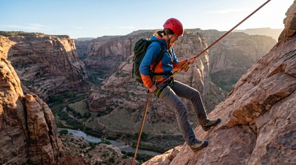 Obraz premium Woman rappelling down a steep canyon wall with a river below at sunset