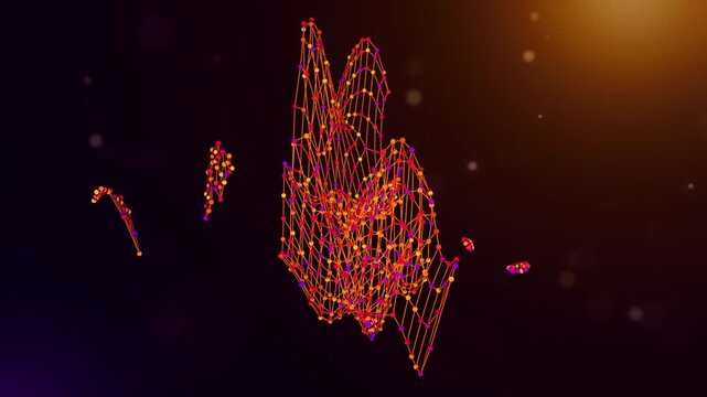 Animated Taiwan map reveal built from neural network connections and colorful data nodes with connected intelligence text over a glowing purple orange bokeh technology background.