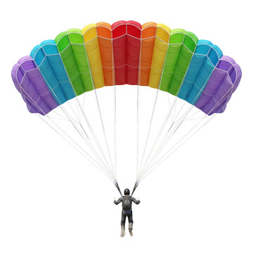 Skydiver descending with a colorful rainbow parachute isolated