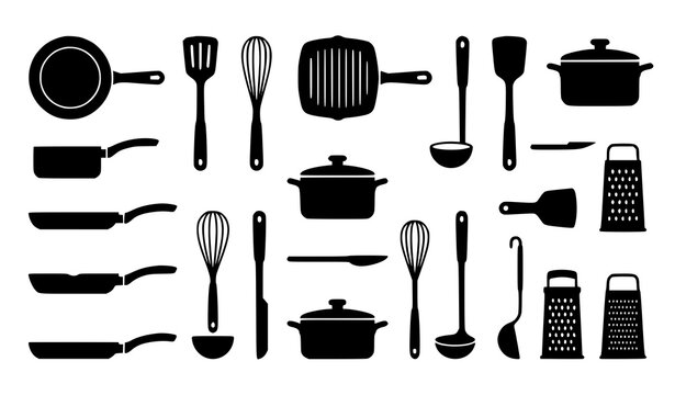 Black Silhouette Kitchen Utensils and Cookware Icon Set with Pan, Pot, Whisk, Spatula, and Ladle for Cooking and Recipe Designs