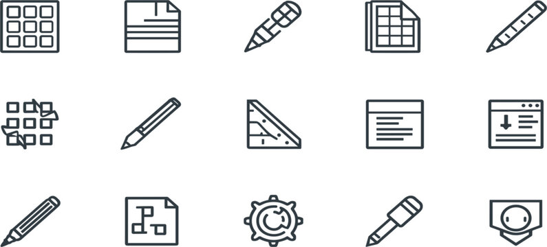 Architectural Blueprint and Graphic Design Layout Line Icon Set for Engineering Geometry Drafting Pencil Sketching Software Configuration and Project Workflow Planning