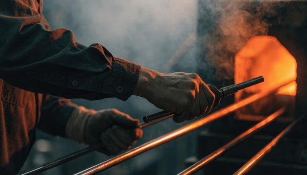 A glassblower shapes molten glass using a blowpipe in a workshop filled with smoke and warm light.