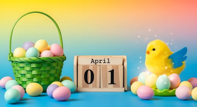 Easter celebration with eggs basket and chick on april 1st