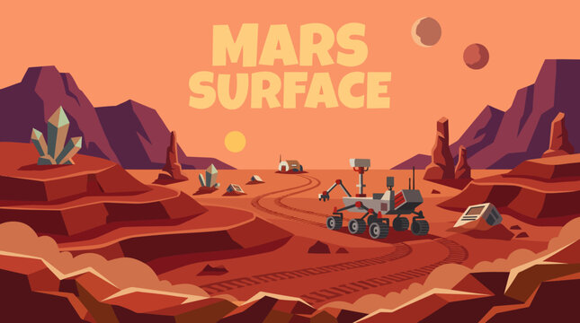 Mars rover crossing rugged rocky terrain on the surface of the red planet, surrounded by dust formations and dramatic geological structures, representing planetary exploration, robotic missions