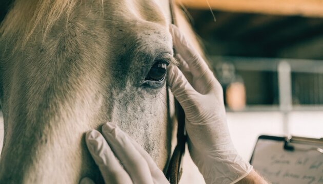 A close-up of a veterinarian wearing gloves examining a horse's eye, highlighting animal care and medical attention in an indoor setting.