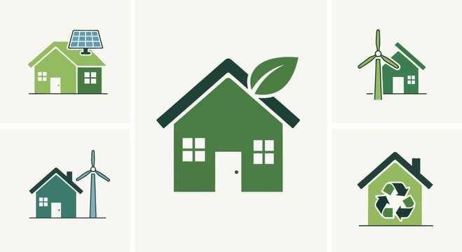 Green Eco Friendly House Icons for Sustainable Living and Energy
