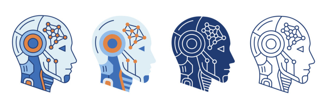AI robot head icon set with neural network for artificial intelligence machine learning and technology commercial design