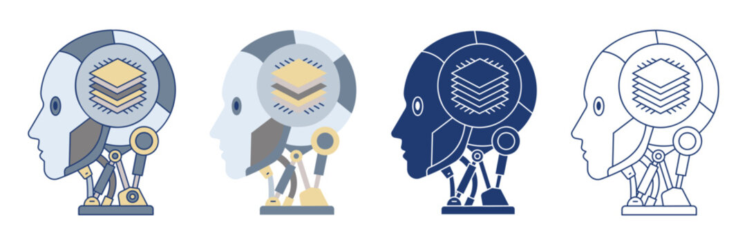AI robot head icon set with microchip for artificial intelligence machine learning and technology commercial design