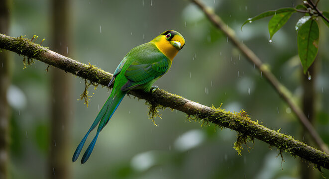 Long tailed broadbill bird perched on a mossy branch in a tropical rainforest rain