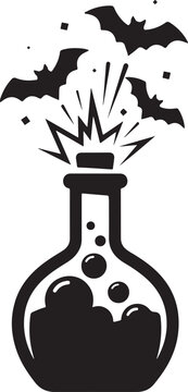 Magic potion bottle with exploding cork and flying bats silhouette vector illustration for halloween party design and mysterious alchemy project.