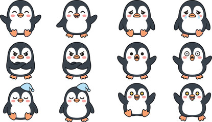 Obraz premium Cute penguin emotion collection featuring happy sad angry surprised sleepy and excited cartoon character expressions
