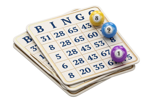 Stack of bingo cards with colored numbered lottery balls