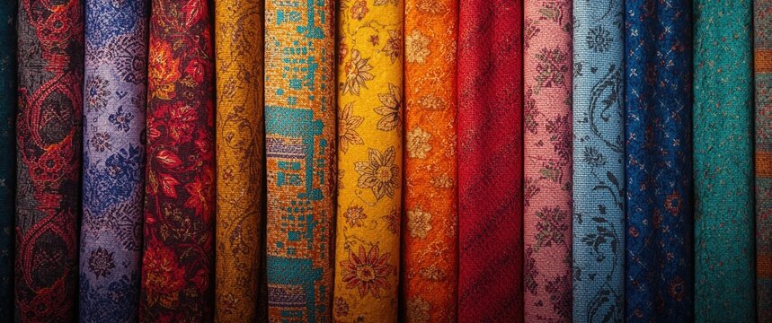 Colorful patterned fabrics arranged in vertical rolls