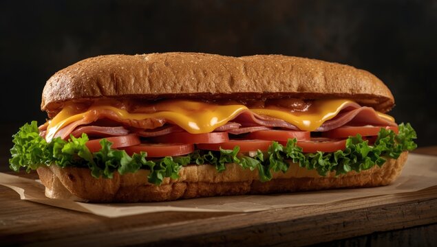 Large sub sandwich with ham, melted cheese, garden tomatoes, and crisp lettuce