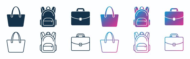 bag icon collection with backpacks and briefcases in gradient and outline vector style © Sumaya