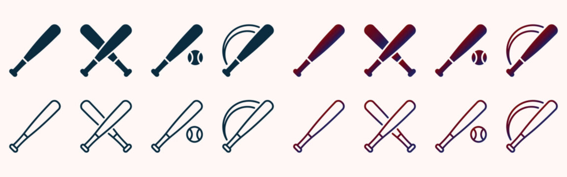 sports equipment icon collection featuring baseball bats in outline and gradient styles