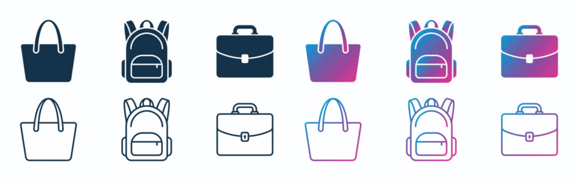 bag icon collection with backpacks and briefcases in gradient and outline vector style