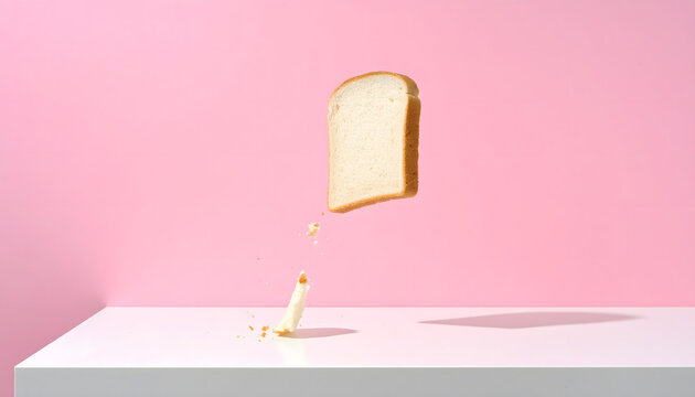 Floating bread slice above table in creative minimal scene surreal food concept with clean aesthetic