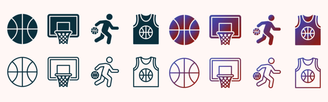 sports basketball icon collection with outline and gradient variations for graphic design