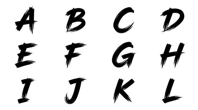 Brush stroke alphabet letters in black on a white background  