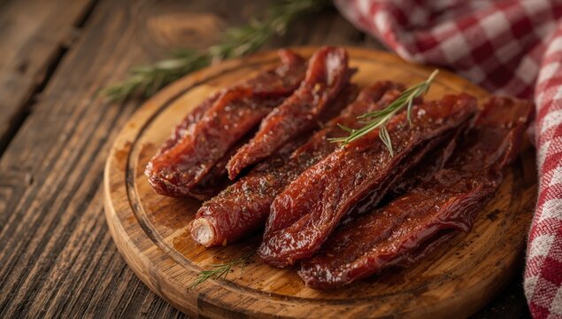 Beef jerky strips on a wooden cutting board
