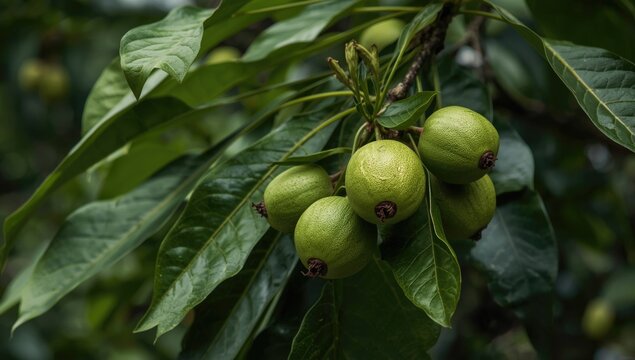 Traditional health applications shown through copaiba branch with green foliage and ripe fruit