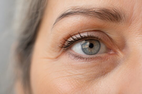 Close up of woman eye with blue iris. Detailed view of mature face skin texture. Ophthalmology concept for eye care, vision health, medical examination and beauty skin checkup.